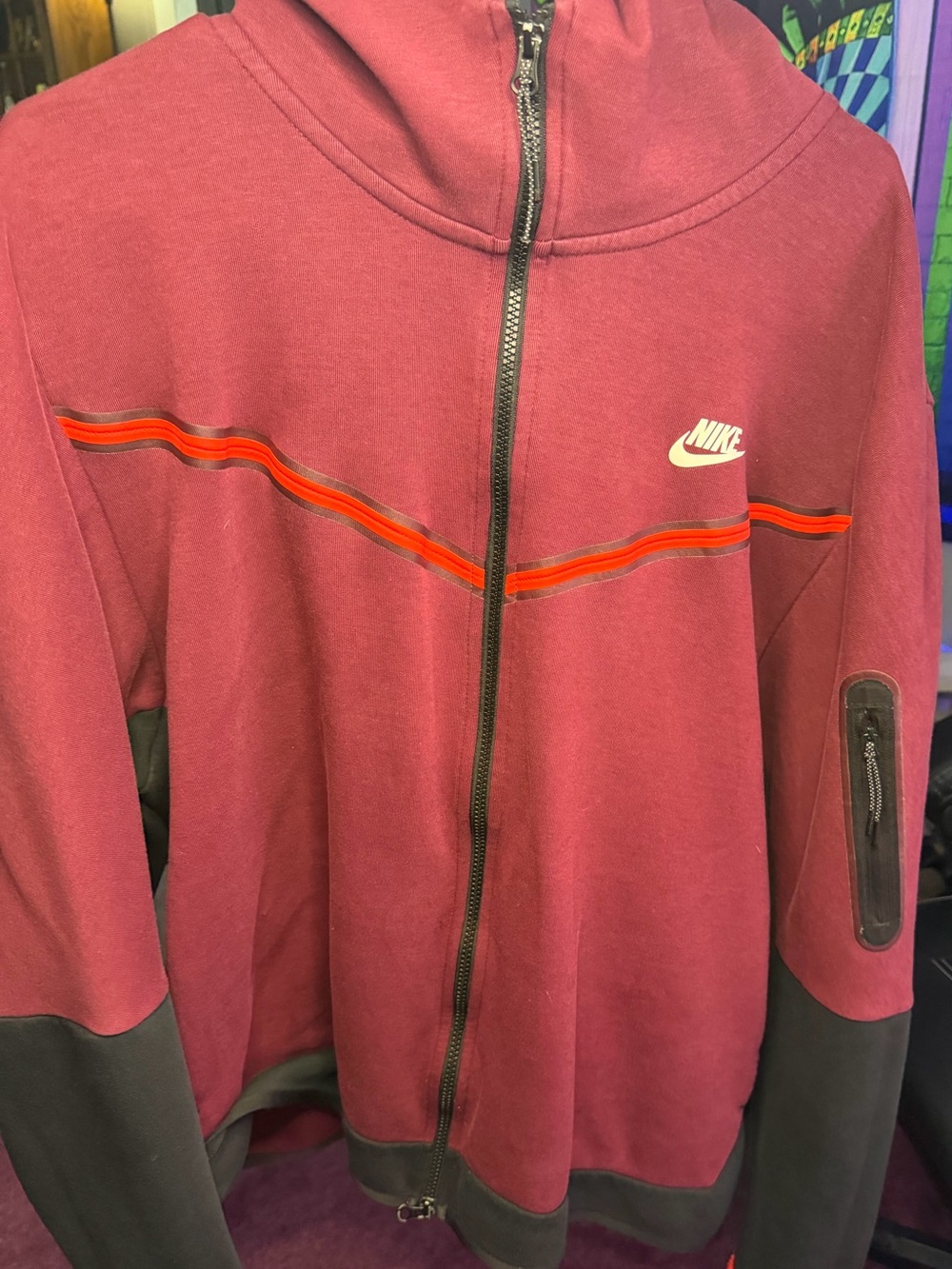 Nike Burgundy Full-Zip Hoodie with Black Trim and Red/Orange Stripe